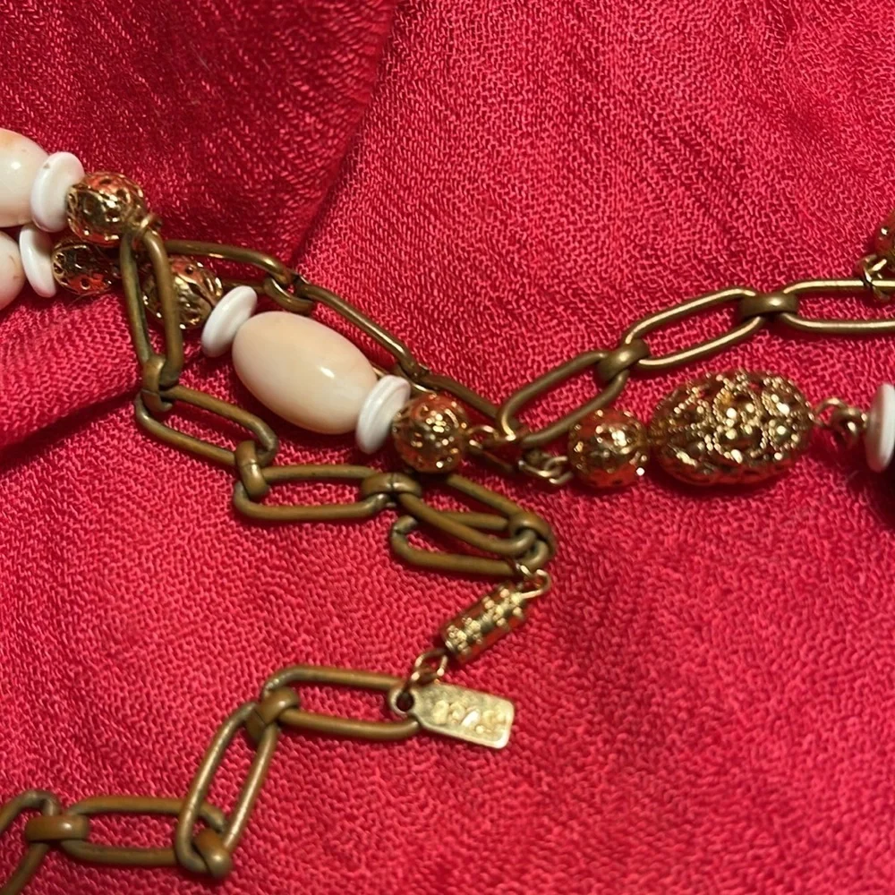 1928 Necklace Gold Tone with Filigree and Solid Beads